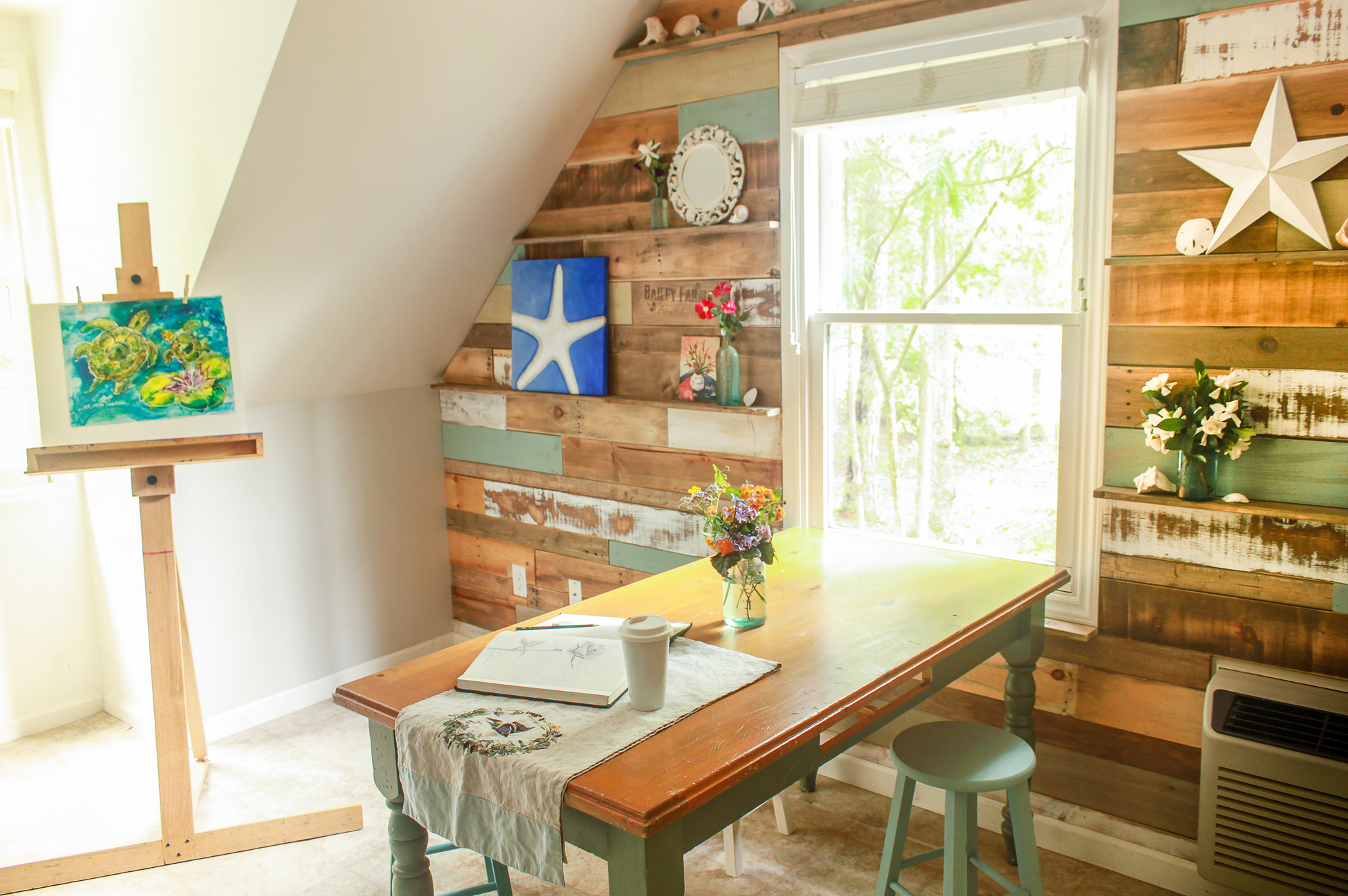 DIY wood scrap wall in a living room