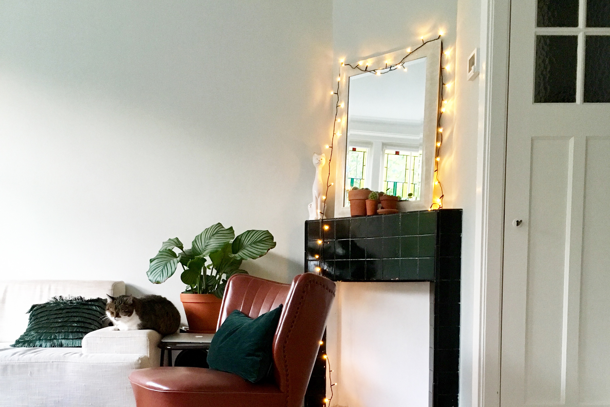 Living room with cat on a couch and string lights on mantel