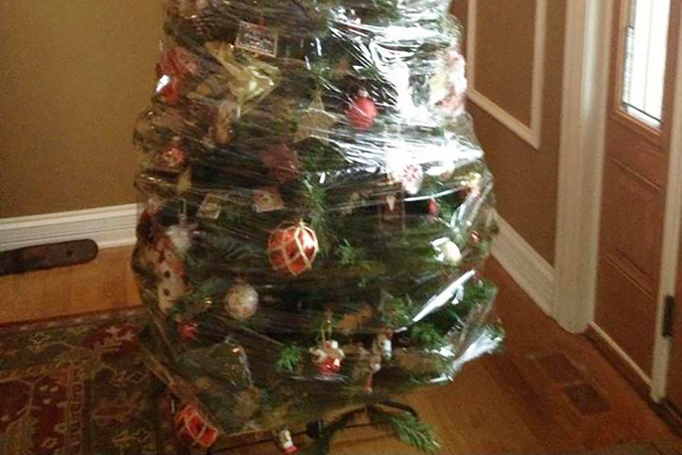A fake Xmas tree with decorations wrapped in shrink wra