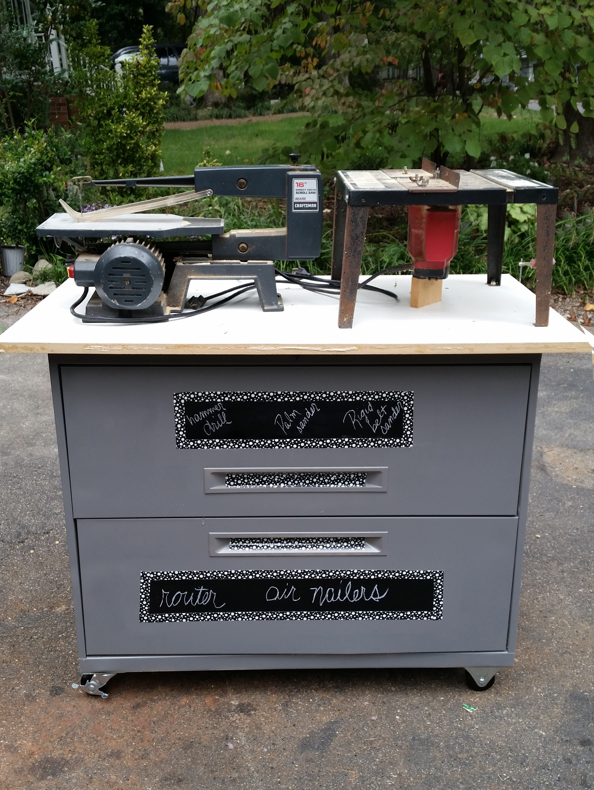 Garage workbench made from a filing cabinet