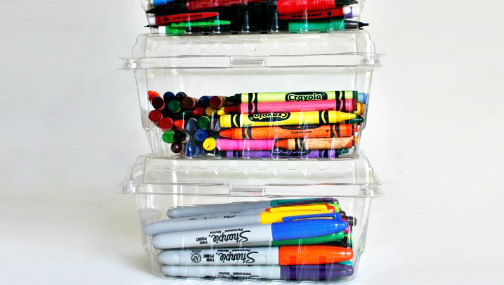 Strawberry containers reused to hold supplies