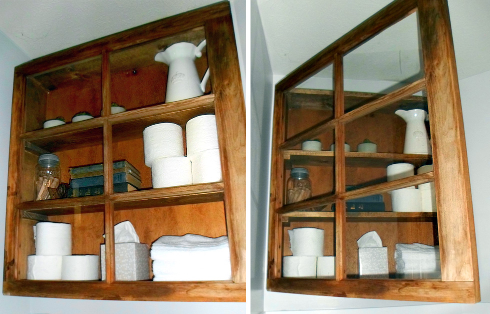 DIY storage cabinet in bathroom made from window frame