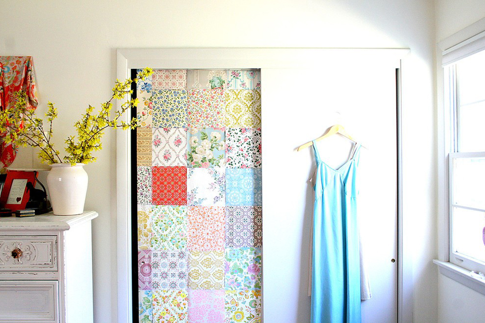 A wallpaper sliding closet door
