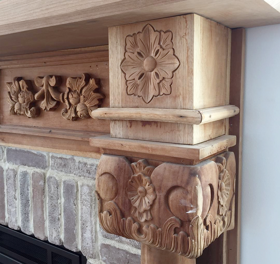 Upcycled carved wooden mantel to get ready for fall
