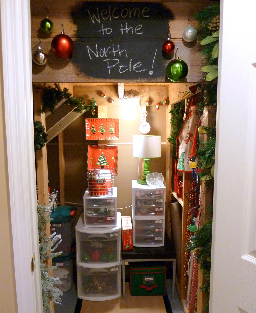 Under stairs holiday closet with sign: Welcome to North Pole