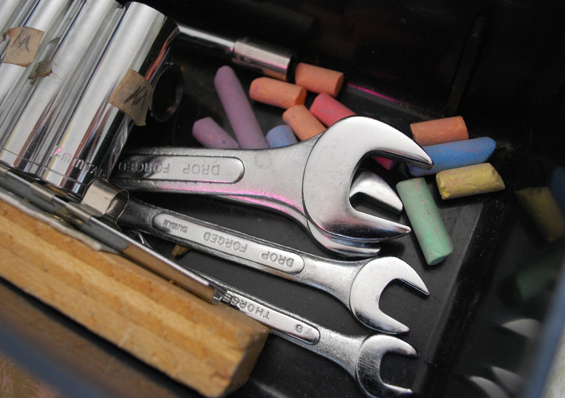 Chalk kept in a toolbox to keep metal tools from rusting