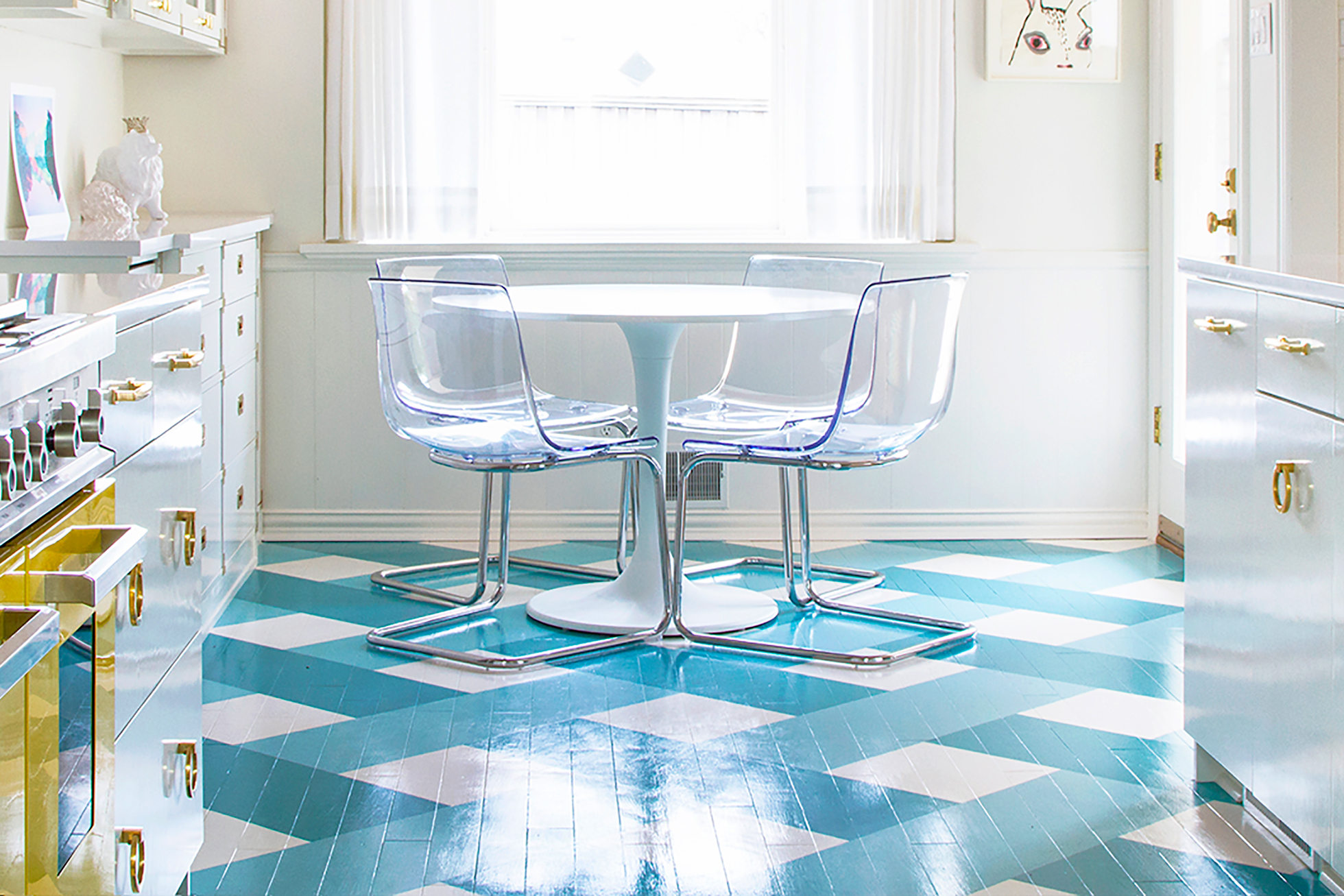 Blue and white checkerboard painted kitchen floor
