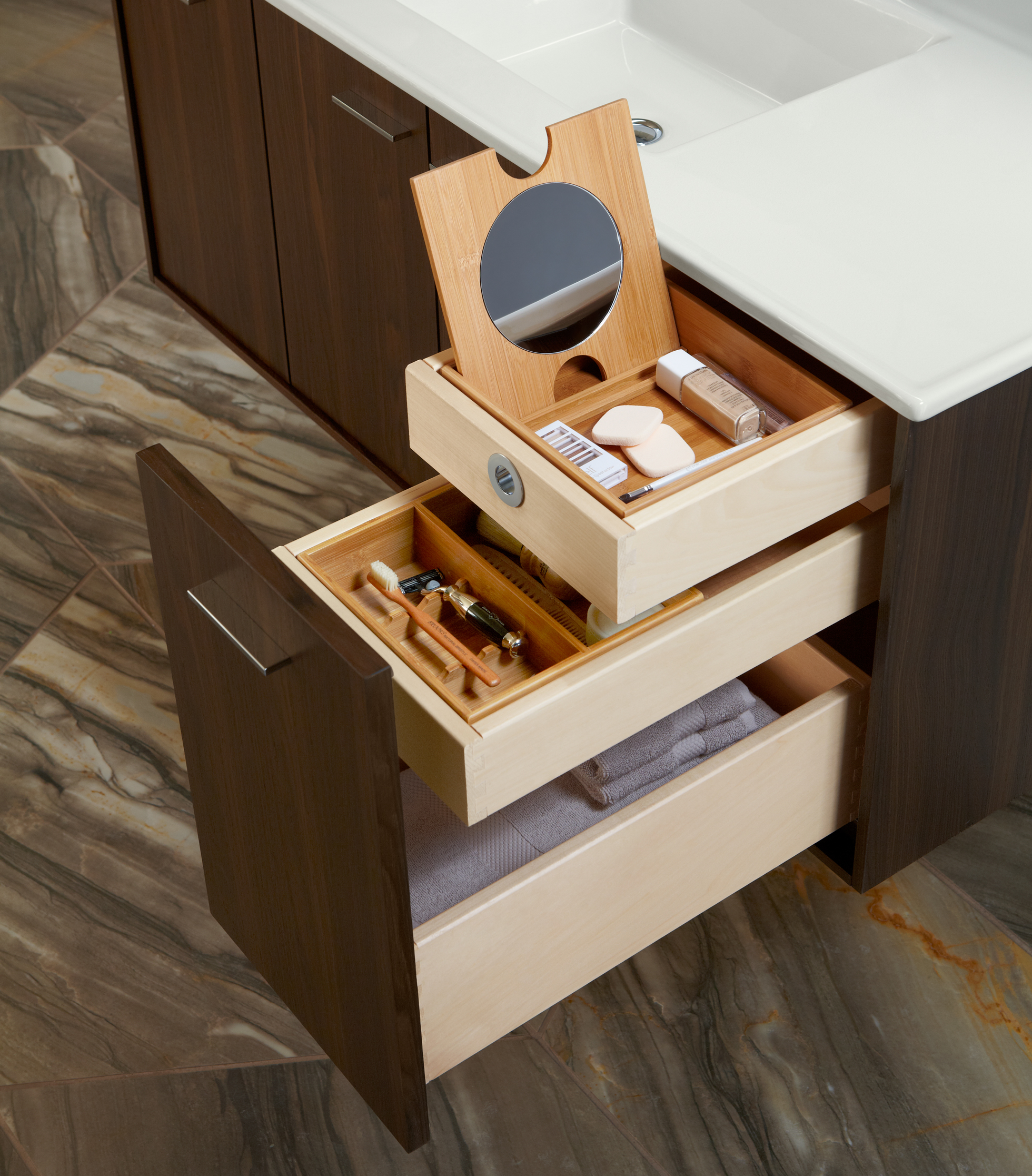 Bamboo organizers in a bathroom drawer