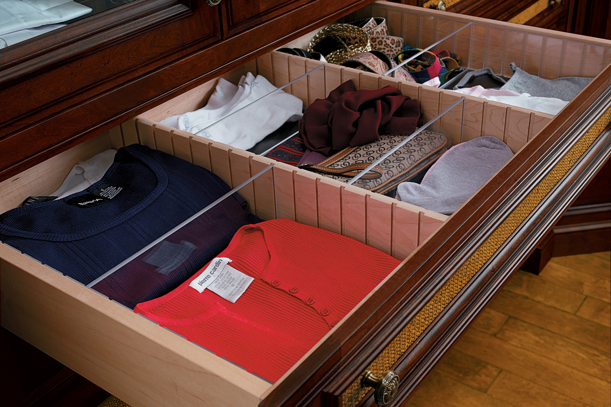 Clear dividers in a wood dresser drawer