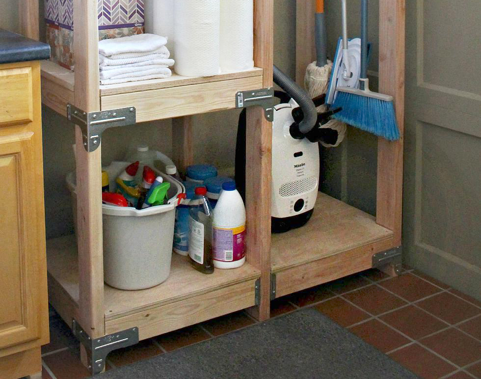 Wood tower with cleaning supplies in a garage