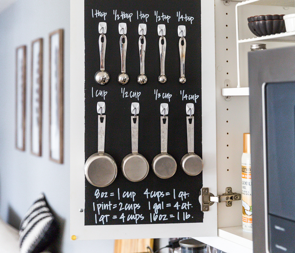 A kitchen cabinet door painted with chalkboard paint