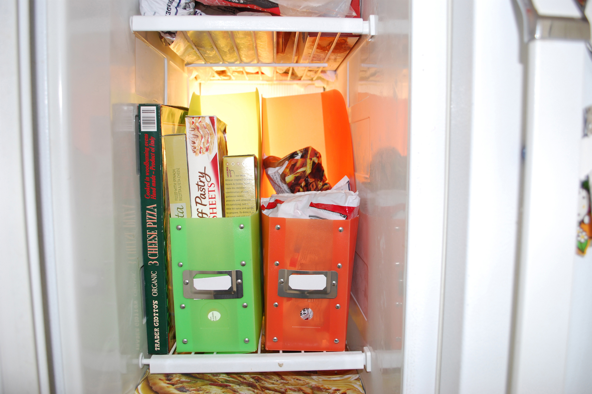 Magazine folders in a freezer keep things organized
