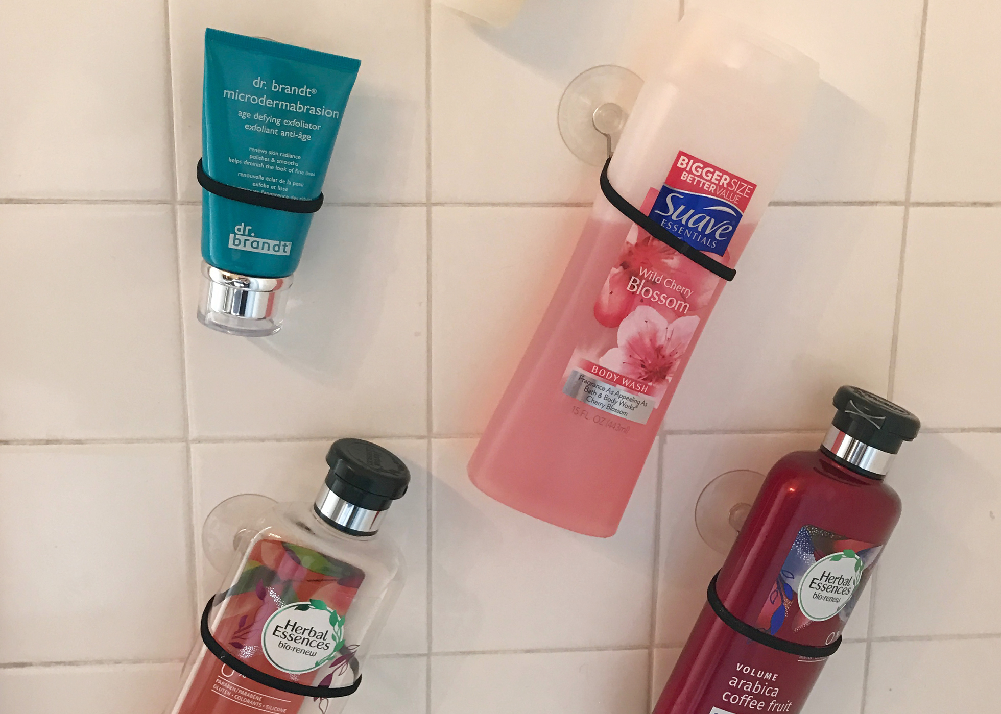 Shampoo, conditioner attached to suction cups in a shower