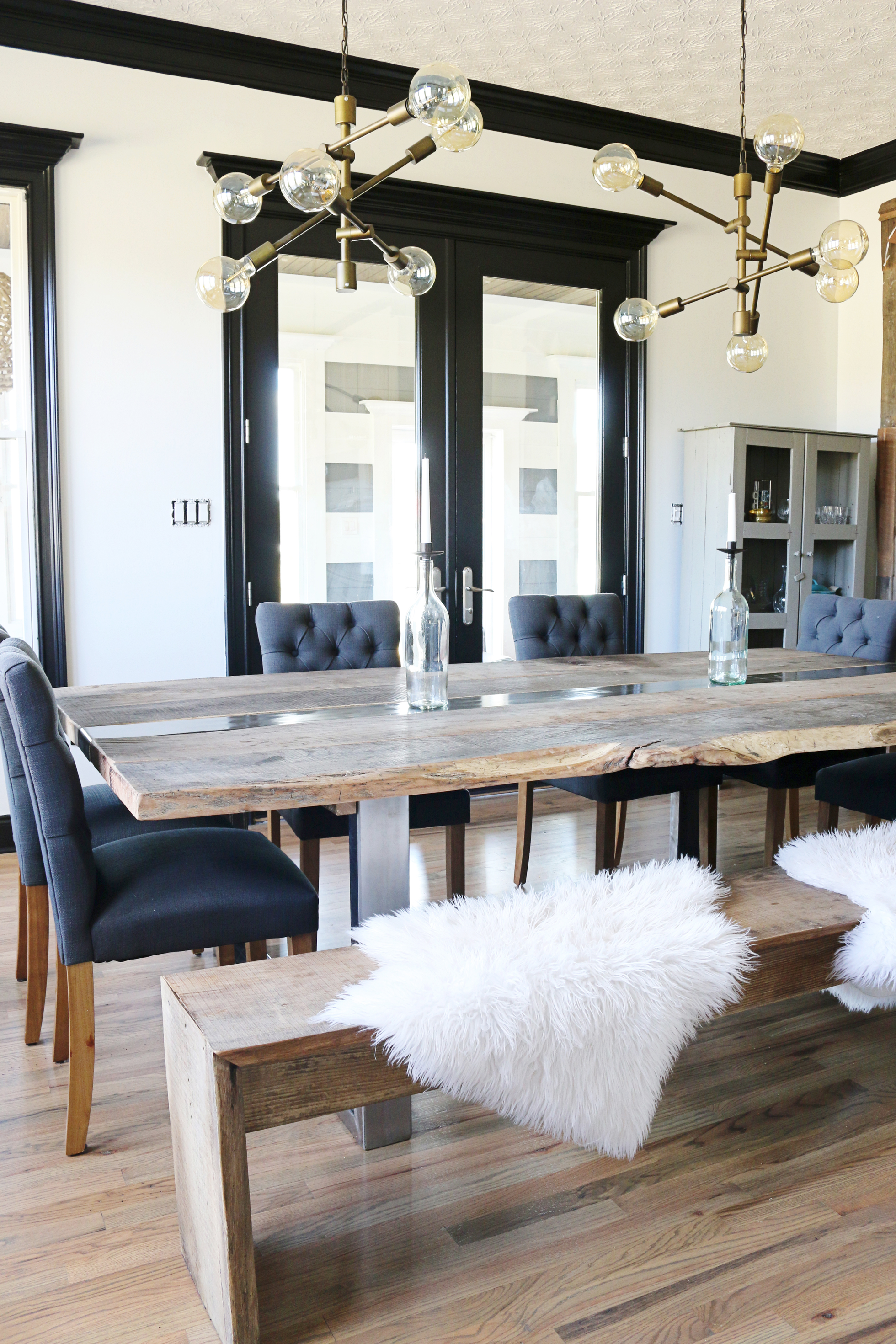 A live-edge table in a dining room