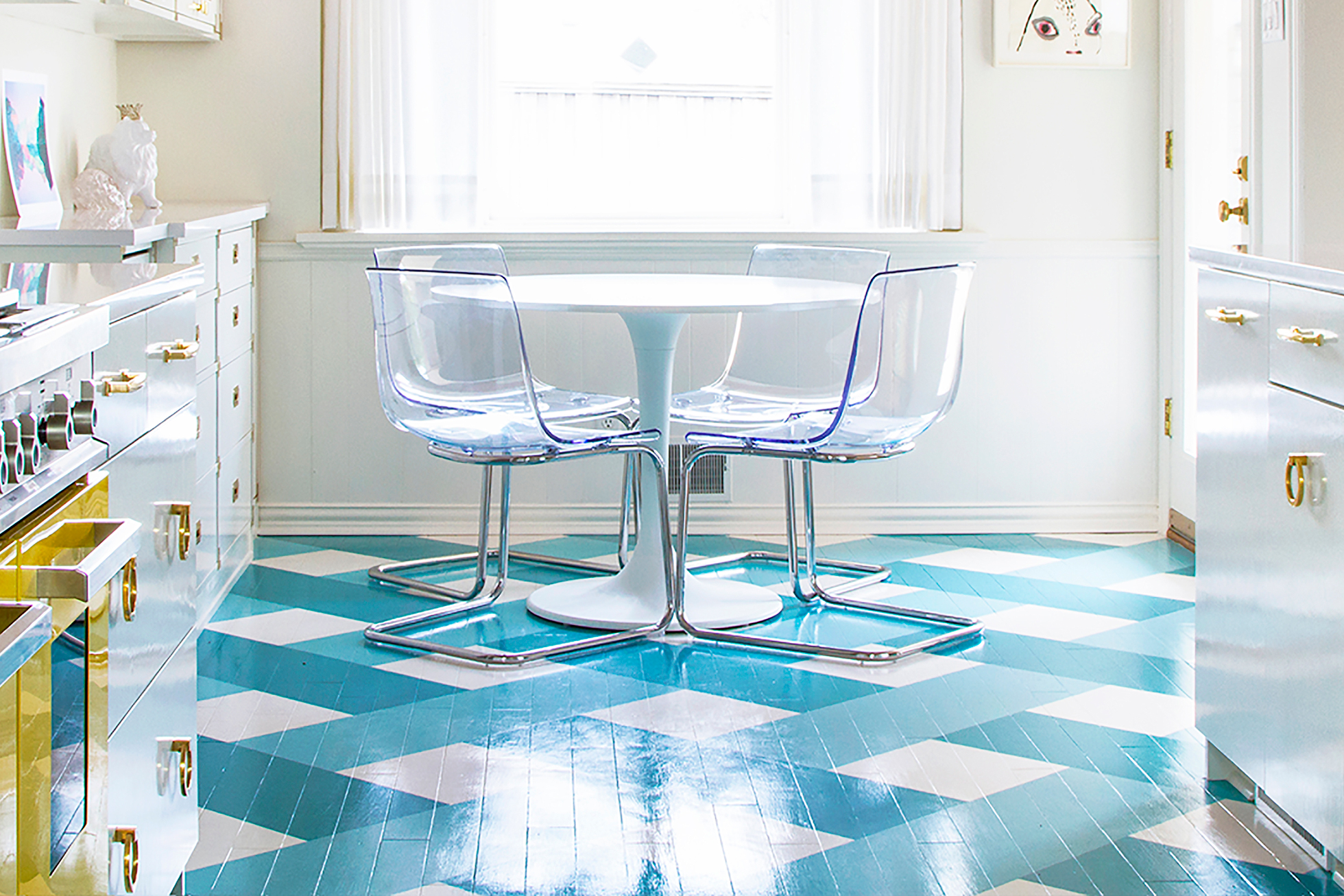 Blue and white checkerboard painted kitchen floor