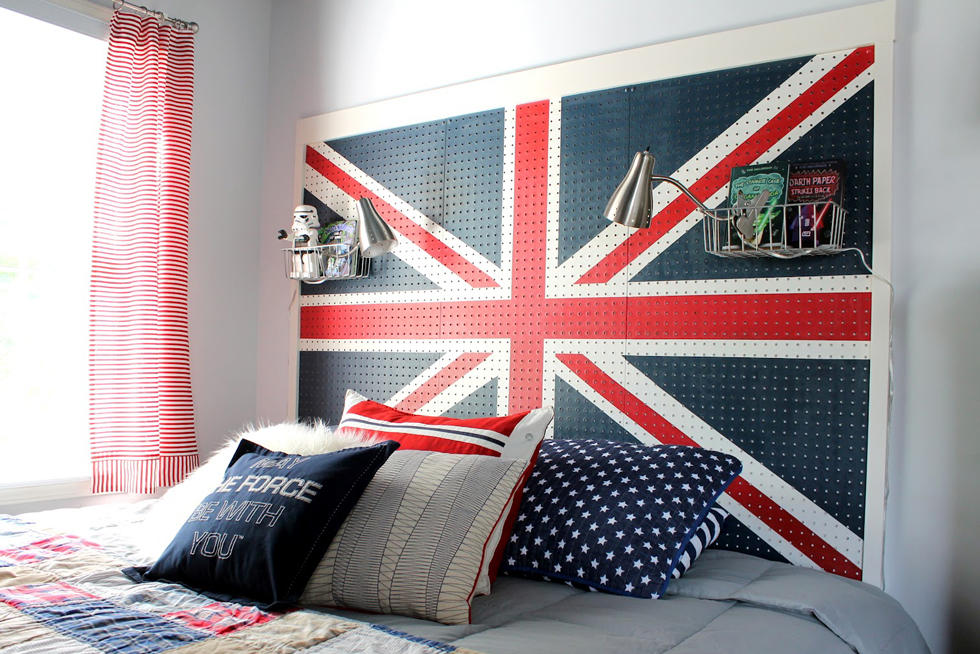 A Union Jack pegboard headboard in a bedroom