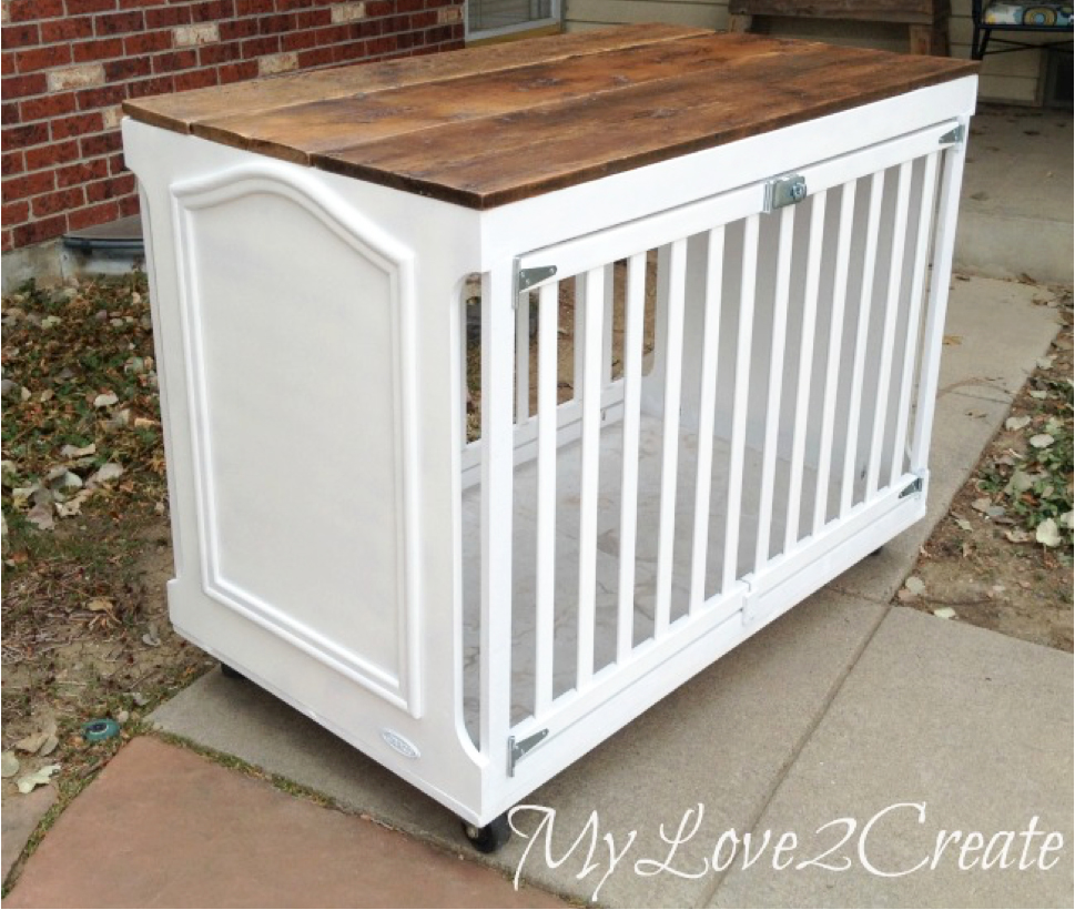 White DIY'ed dog crate with dark wood top