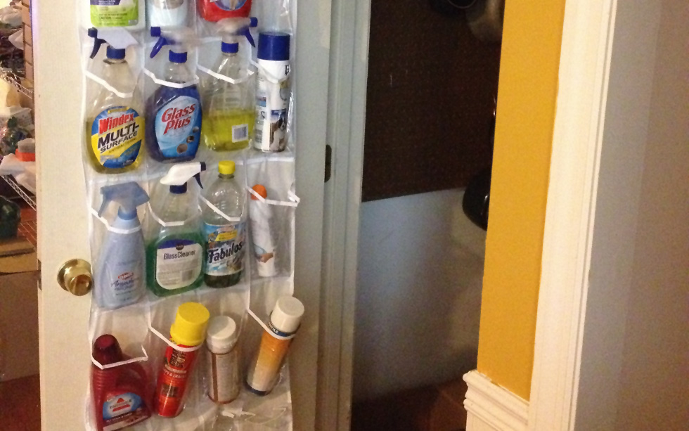 Shoe organizer used to store cleaning supplies