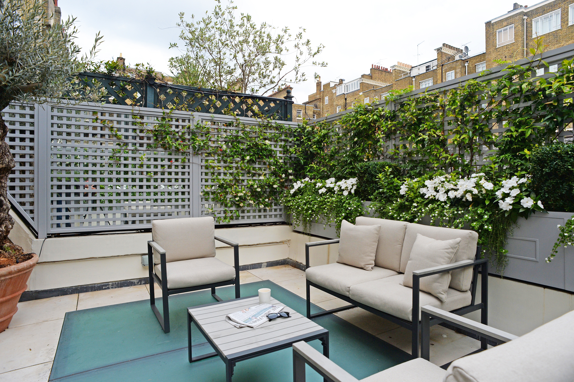 A backyard gray trellis with a green flowering vine