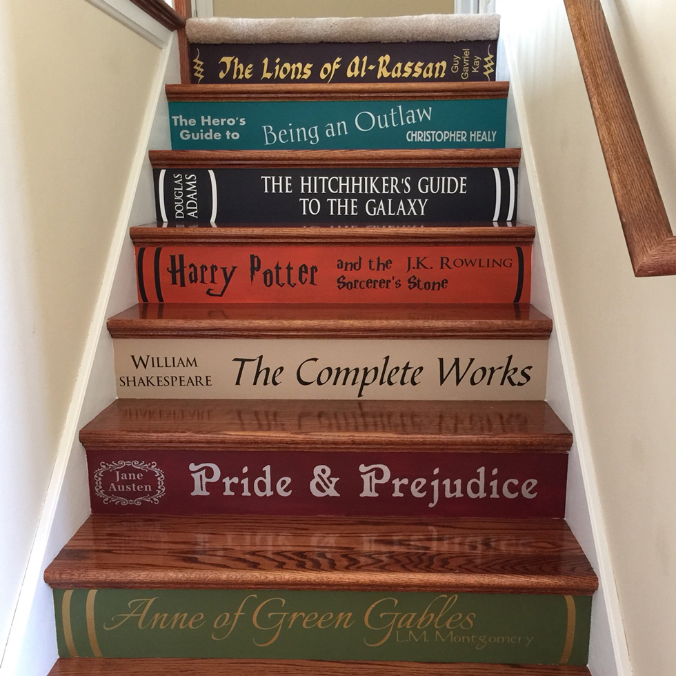 Book title decals on an interior staircase