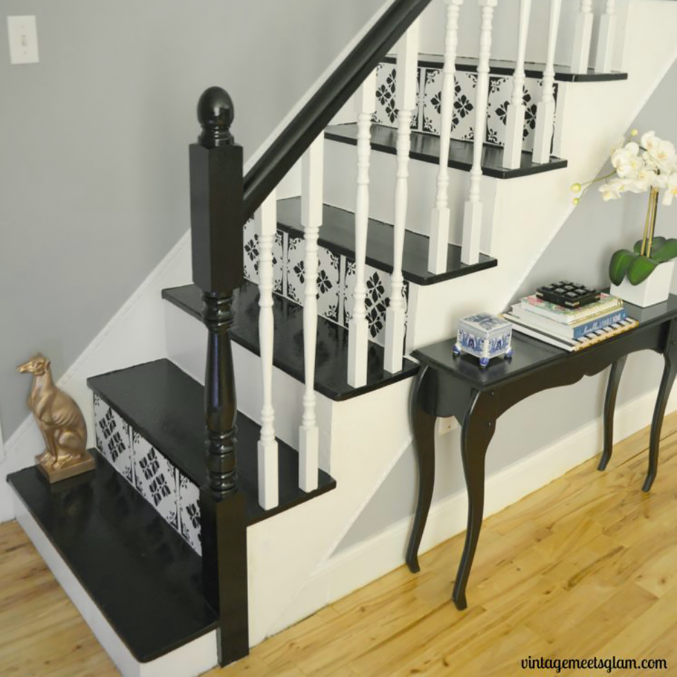 A black and white stenciled staircase