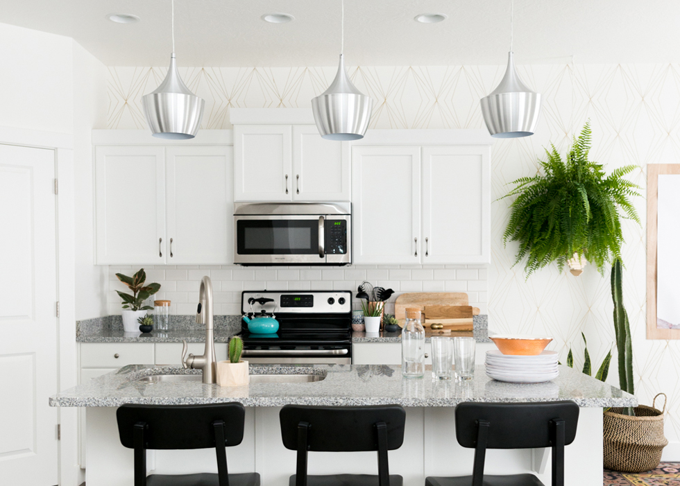 Kitchen island with running bond subway tile