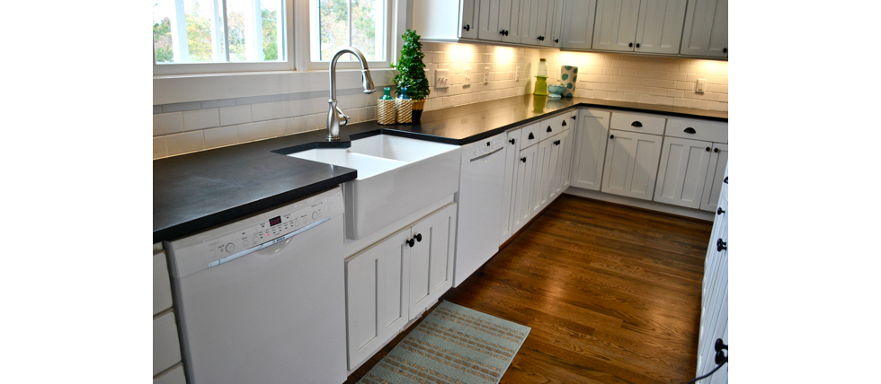 Kitchen with honed marble counters