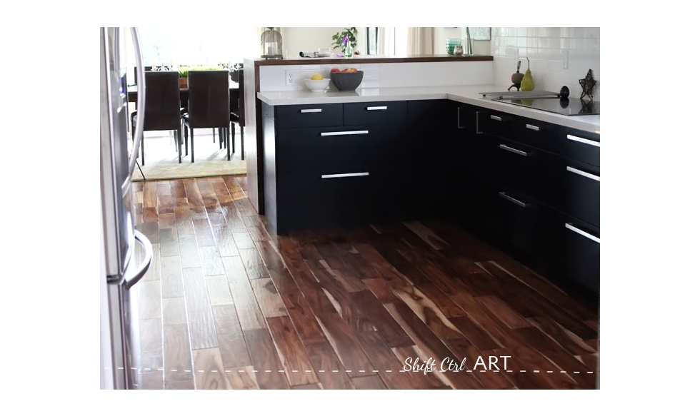 Transitional kitchen with a dark wood floor