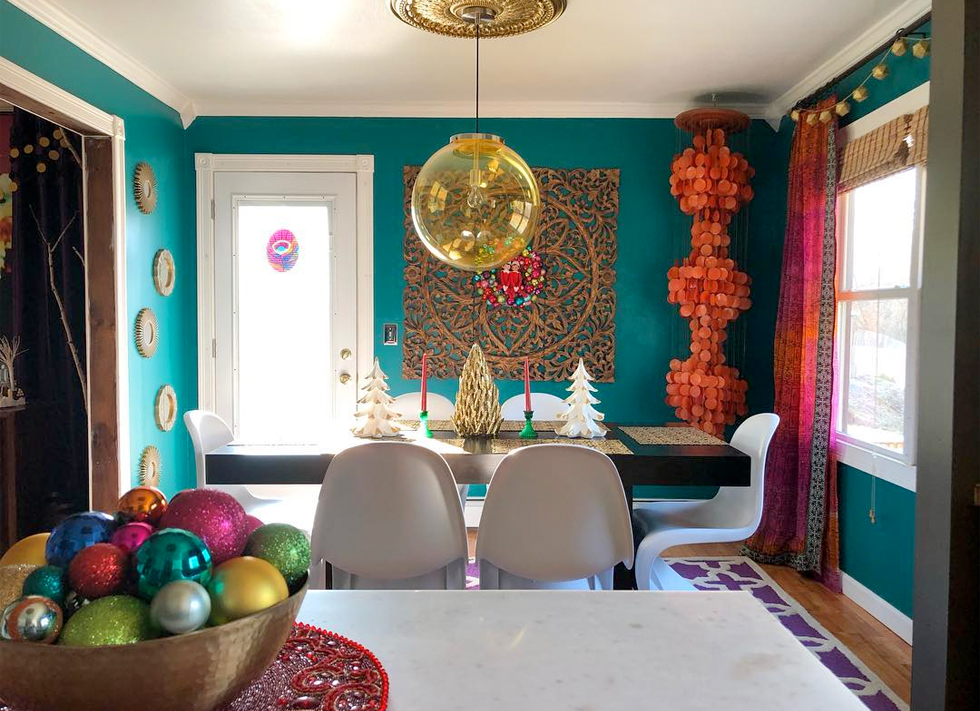 Home dining room decorated for a holiday dinner
