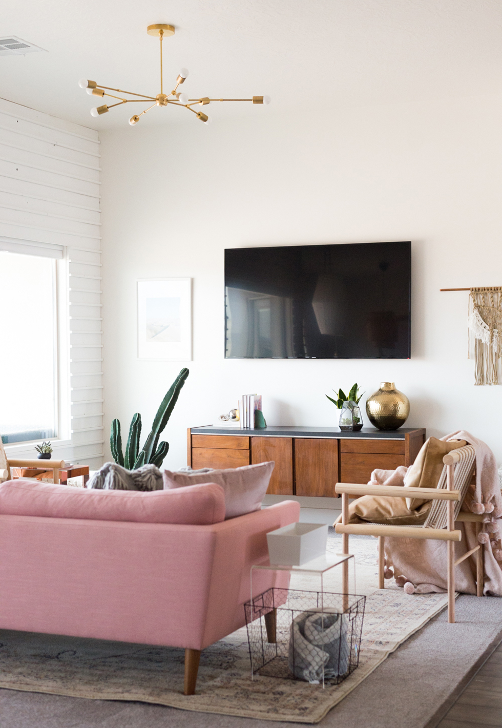 Living room with paper white walls