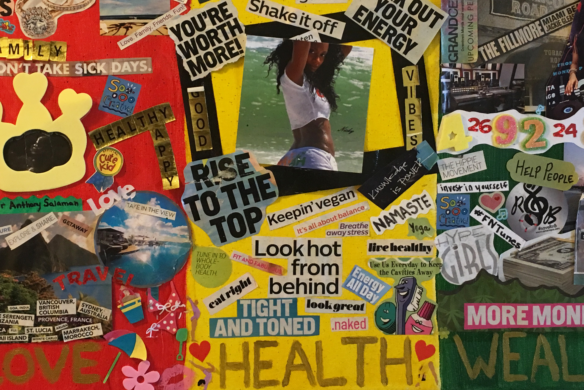 Reggae-themed inspiration board with motivational messages