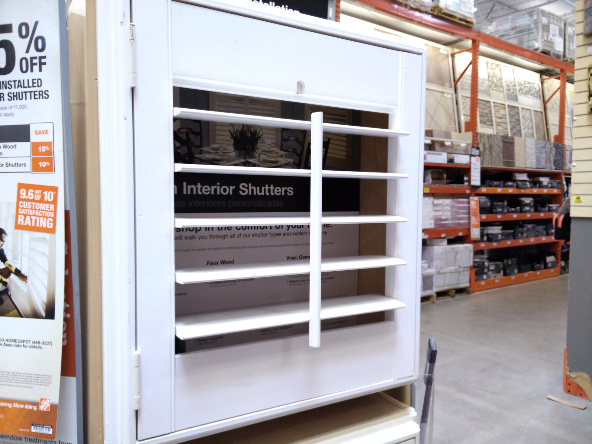 Louvered shutters displayed at a home improvement store