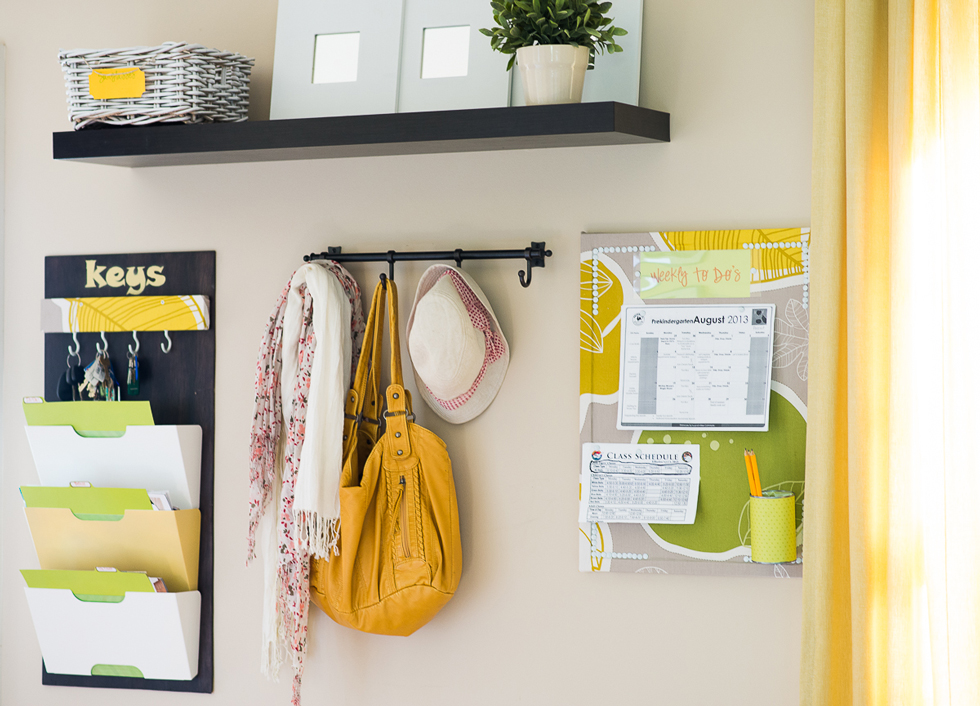 Yellow information station storage in home entryway