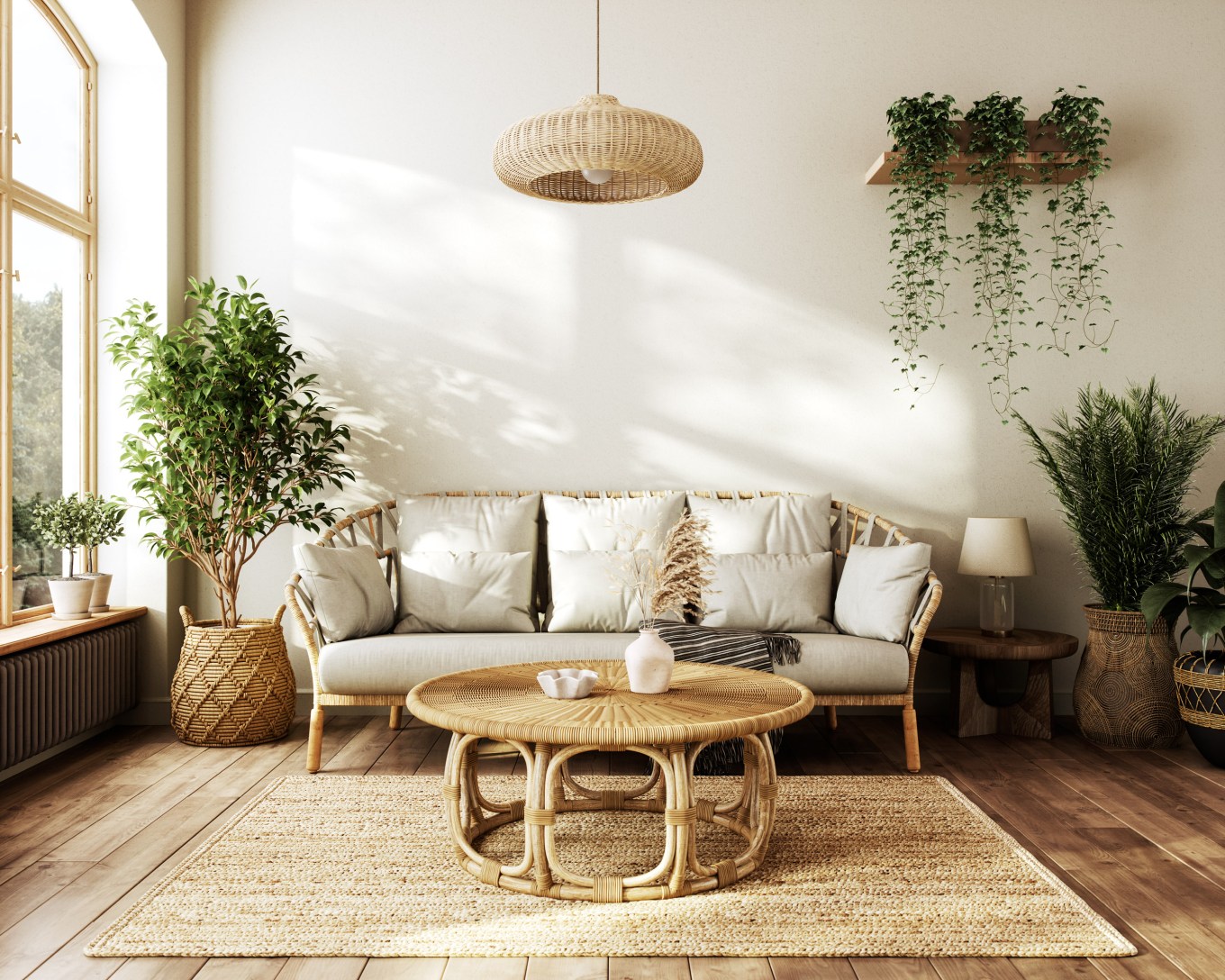 A bright living room filled with several plants.