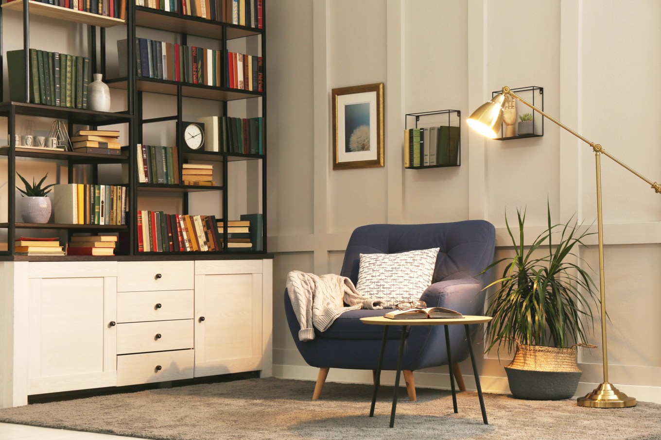 A cozy home library that offers a comfortable, restorative space for reading or leisure.